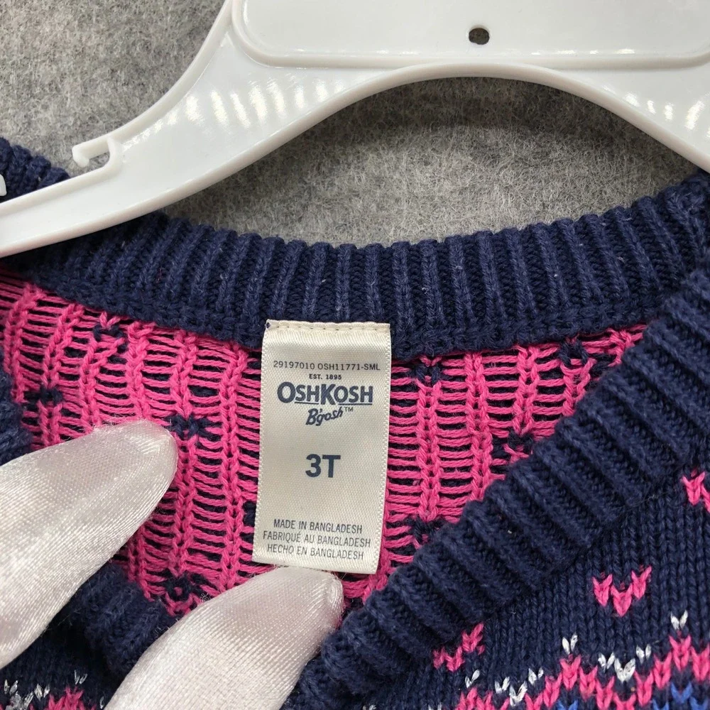 OshKosh B'gosh Girls 3T Fair Isle Unicorn Sweater Navy Blue Pink Cotton Blend